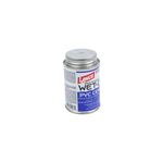 Pegamento cemento PVC Wet Dry azul Lanco de 4 onzas, envase metálico cilíndrico con etiqueta informativa blanca y azul