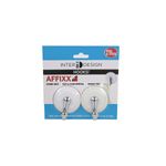 Set colgador pared adhesivo 2 piezas Affix Interdesign blanco, en empaque azul con dos ganchos plateados y base blanca
