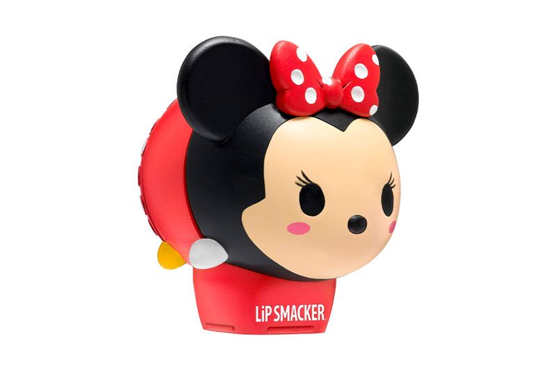 Labial Minnie Mouse Lip Smacker, envase con diseño de la cara de Minnie Mouse con moño rojo de puntos blancos