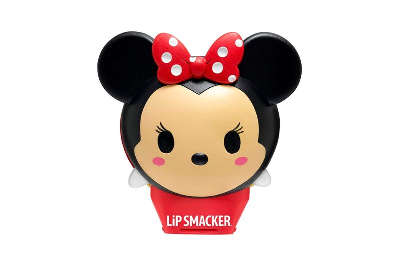 Labial Minnie Mouse Lip Smacker, envase con forma de cabeza de Minnie Mouse con moño rojo de lunares blancos