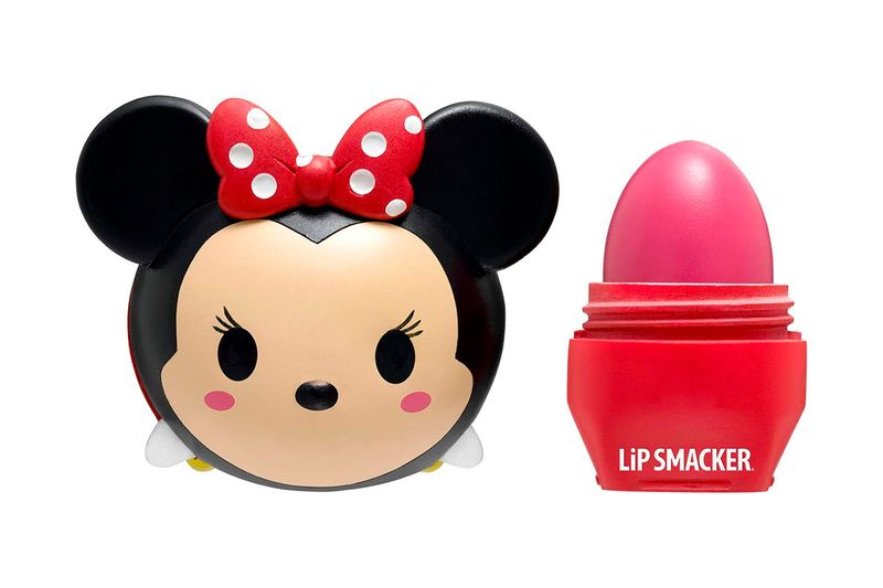 Labial Minnie Mouse Lip Smacker, envase con rostro de Minnie Mouse y el labial abierto mostrando la barra color rosa