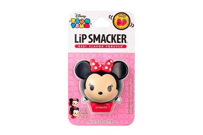 Labial Minnie Mouse Lip Smacker, empaque blister con diseño de Minnie Mouse y fondo rosa con puntos blancos