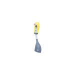 Espátula de cocina nylon negro Ilko, vista frontal completa con mango blanco y perforaciones en la pala