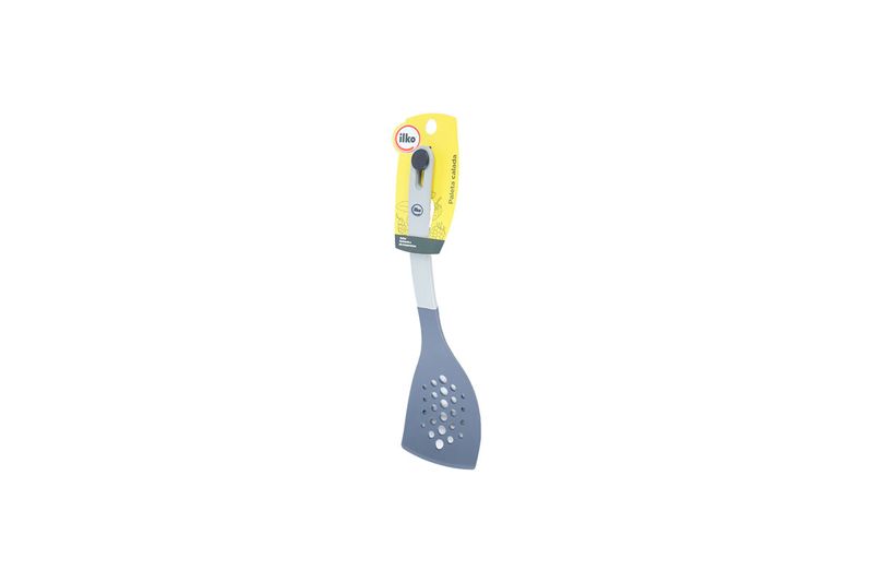 Espátula de cocina nylon negro Ilko, vista frontal completa con mango blanco y perforaciones en la pala