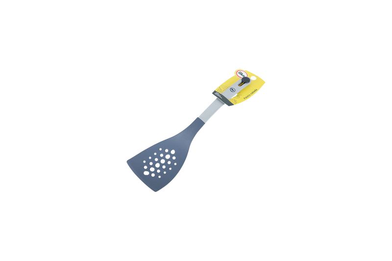 Espátula de cocina nylon negro Ilko, vista lateral con perforaciones en la cabeza y empaque amarillo