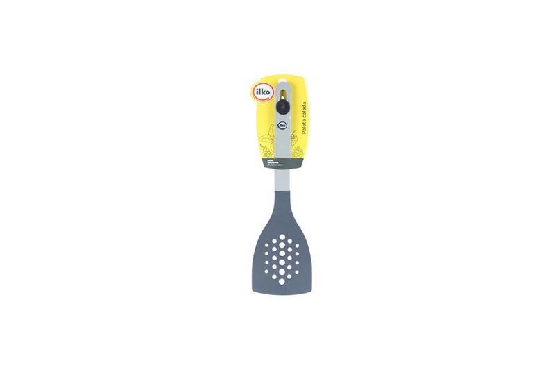 Espátula de cocina nylon negro Ilko, vista frontal del producto con empaque amarillo en el mango