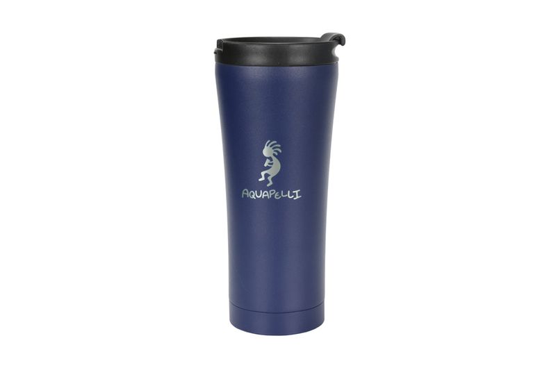 Vaso térmico metálico 16 onzas azul Aquapelli Chef Craft, vista frontal con tapa negra y logotipo plateado