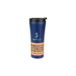 Vaso térmico metálico 16 onzas azul Aquapelli Chef Craft, vista frontal con tapa negra y etiqueta informativa blanca