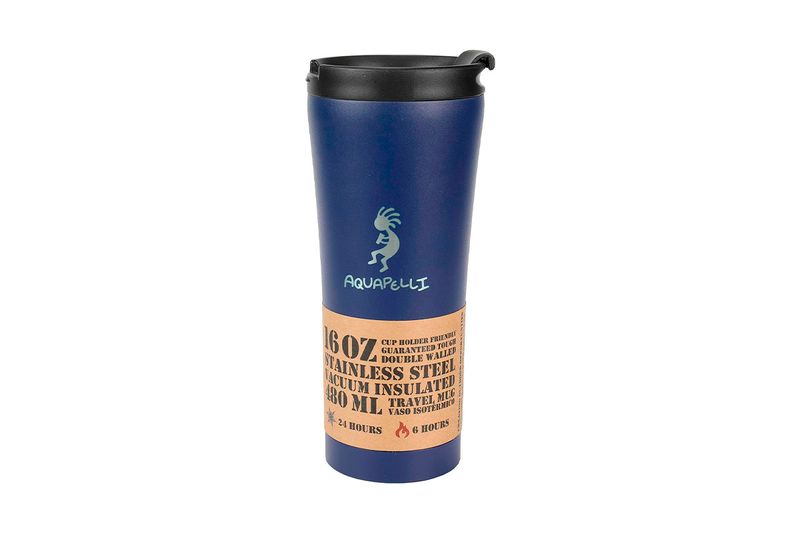 Vaso térmico metálico 16 onzas azul Aquapelli Chef Craft, vista frontal con tapa negra y etiqueta informativa blanca