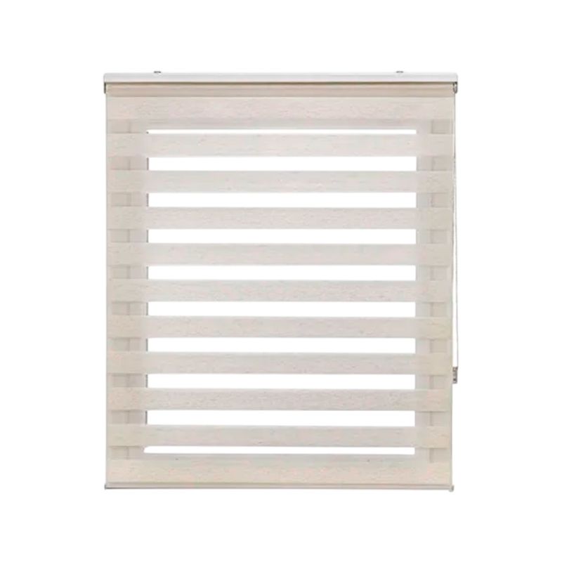 Cortina roller zebra 140x180 cm jaspe white New Space, vista frontal desplegada con franjas horizontales blancas