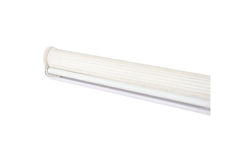 Cortina roller zebra 140x180 cm jaspe white New Space, vista lateral del mecanismo enrollado y soporte blanco