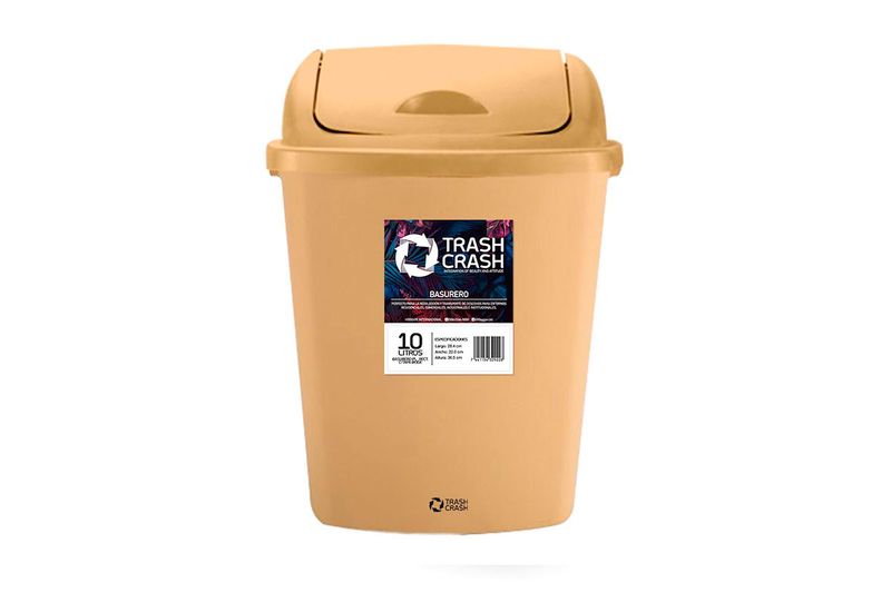 Basurero rectangular con tapa 10 l beige Trash Crash, vista frontal del producto con etiqueta informativa