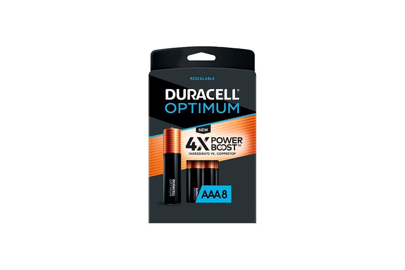 Batería alcalina AAA 8 piezas Duracell Optimum, empaque negro con ilustración de pilas y texto 4X Power Boost