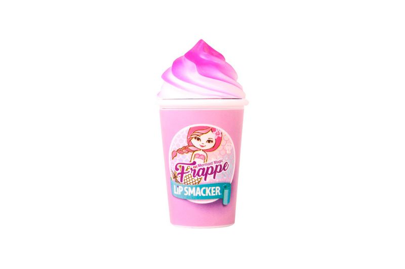 Labial colección frappe cup sirena Lip Smacker, envase en forma de vaso rosa con crema batida púrpura en la parte superior