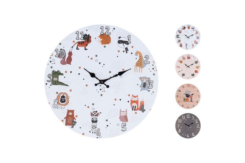 Reloj de pared 33 cm Koopman, modelo blanco con ilustraciones de animales y variedad de diseños a la derecha