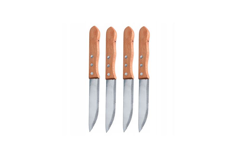 Set de cuchillos 4 piezas Koopman, cuatro cuchillos con mangos de madera y hojas de acero dispuestos verticalmente