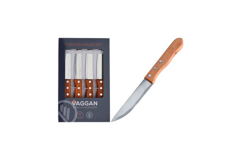 Set de cuchillos 4 piezas Koopman, un cuchillo con mango de madera junto a su caja con el set completo