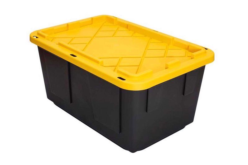 Caja organizadora negro/amarillo 27 gal GreenMade, vista diagonal con tapa amarilla y cuerpo negro