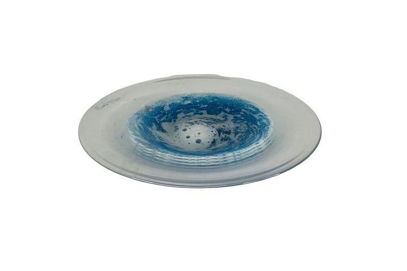 Centro de mesa decorativo 36x5 cm vidrio Concepts, vista superior del plato circular con diseño central azul