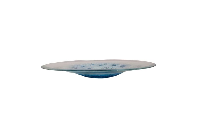 Centro de mesa decorativo 36x5 cm vidrio Concepts, vista lateral del plato bajo en tonos azules y blancos