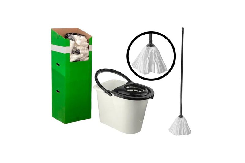 Set trapeador y cubeta 10 litros York, cubeta blanca con asa negra, trapeador y empaque de cartón verde