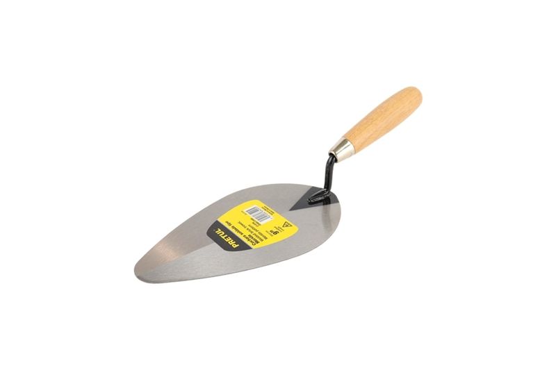 Cuchara para albañil Pretul de 9 pulgadas estilo Mérida, vista lateral con mango de madera y hoja metálica