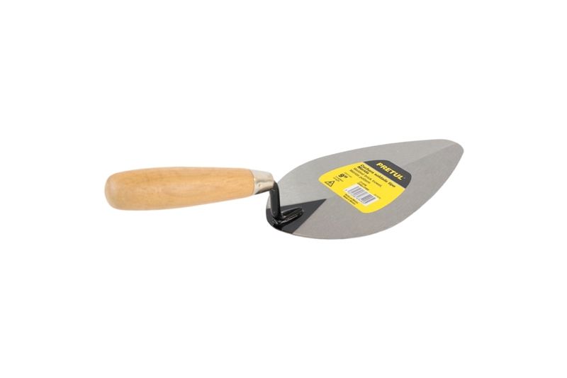 Cuchara para albañil de 9 pulgadas estilo Mérida Pretul, vista lateral con mango de madera y etiqueta amarilla en la hoja