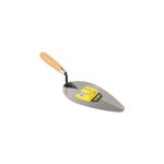 Cuchara para albañil 9 pulgadas estilo Mérida Pretul, vista lateral con mango de madera y etiqueta amarilla en la hoja