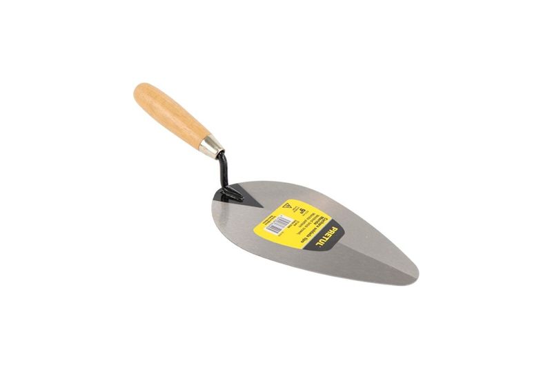 Cuchara para albañil 9 pulgadas estilo Mérida Pretul, vista lateral con mango de madera y etiqueta amarilla en la hoja