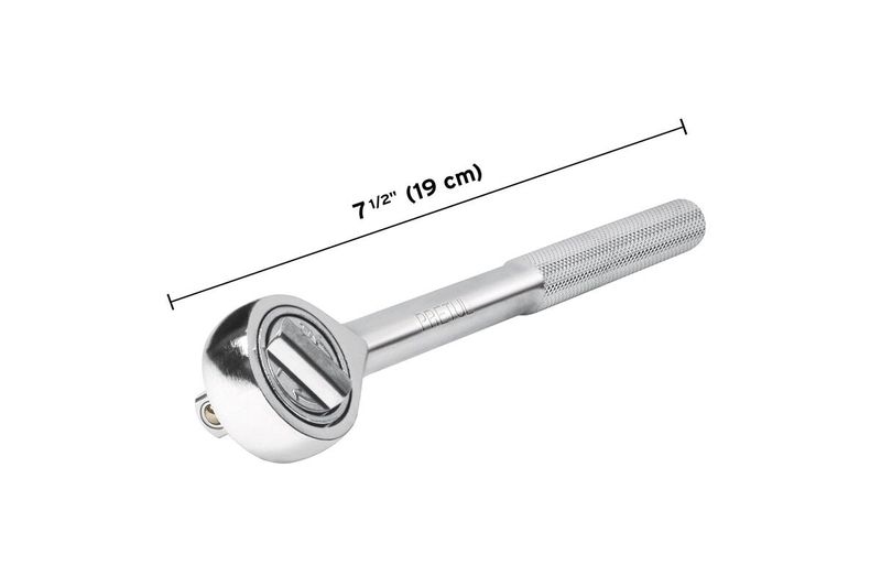 Ratchet de cabeza redonda Pretul de 3/8 pulgadas, vista lateral con indicación de longitud de 7 1/2 pulgadas y 19 cm