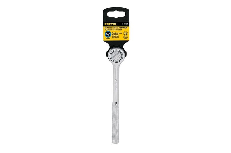 Ratchet de cabeza redonda Pretul de 3/8 pulgadas, vista frontal completo con empaque de cartón amarillo y negro