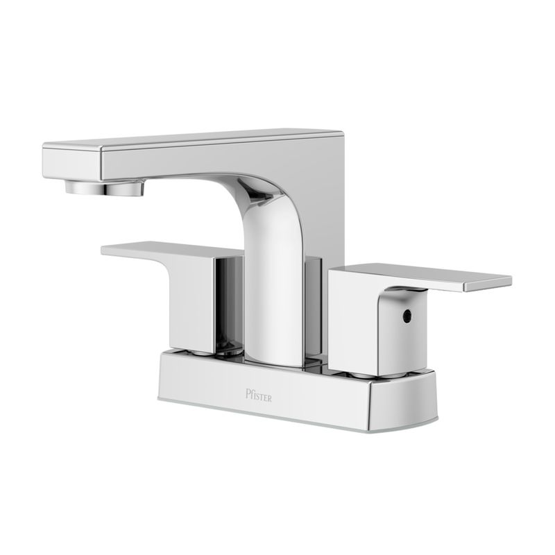 Llave para lavamanos doble manija cromo Admiral Pfister, instalada en lavabo blanco con agua fluyendo