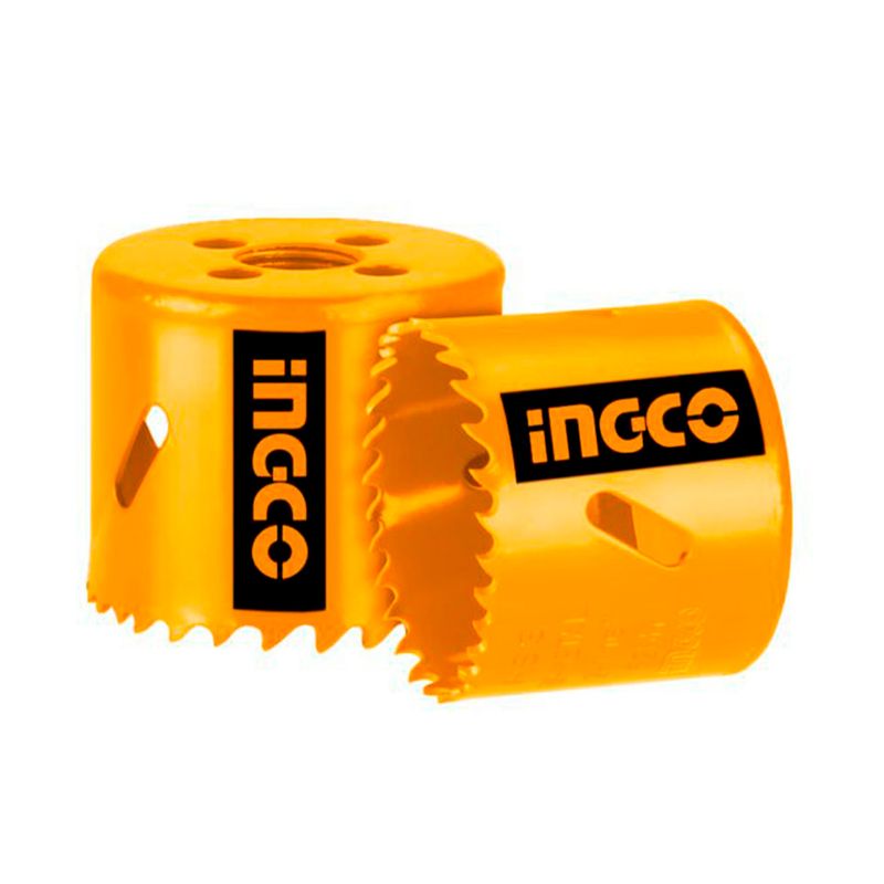 Sierra copa bimetálica HSS Ingco de 1-1/2 pulgadas, dos unidades en color amarillo vistas desde ángulo superior