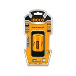Sierra copa bimetálica HSS Ingco de 1-1/2 pulgadas, en empaque blister con fondo naranja y negro