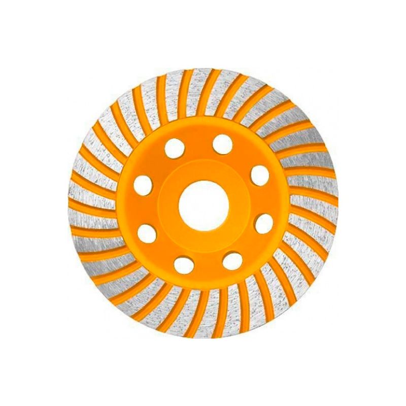 Copa diamantada de 5 pulgadas Ingco, vista frontal del disco naranja con segmentos abrasivos plateados