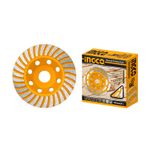 Copa diamantada de 5 pulgadas Ingco, producto fuera y dentro de su caja naranja con ilustraciones técnicas