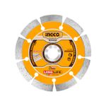 Disco diamante 7 pulgadas corte seco/húmedo segmentado Ingco, vista frontal del disco con centro plateado y cuerpo amarillo