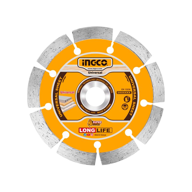 Disco diamante 7 pulgadas corte seco/húmedo segmentado Ingco, vista frontal del disco con centro plateado y cuerpo amarillo