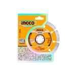 Disco diamante de 7 pulgadas corte seco/húmedo segmentado Ingco, empacado en blíster naranja con fondo gráfico