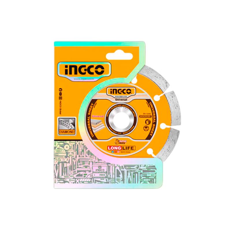 Disco diamante de 7 pulgadas corte seco/húmedo segmentado Ingco, empacado en blíster naranja con fondo gráfico