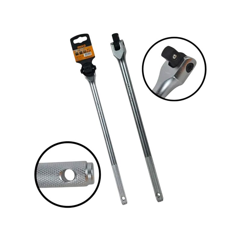 Extensión para ratchet flexible Ingco de 1/2 y 15 pulgadas, dos vistas del producto con acercamientos a sus extremos