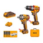 Juego taladro percutor y llave de impacto 1/2 inalámbrica 20V Ingco, kit con baterías, cargador, dado y maletín naranja