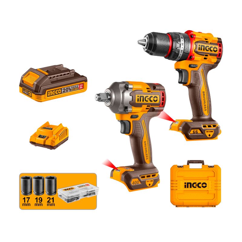 Juego taladro percutor y llave de impacto 1/2 inalámbrica 20V Ingco, kit con baterías, cargador, dado y maletín naranja