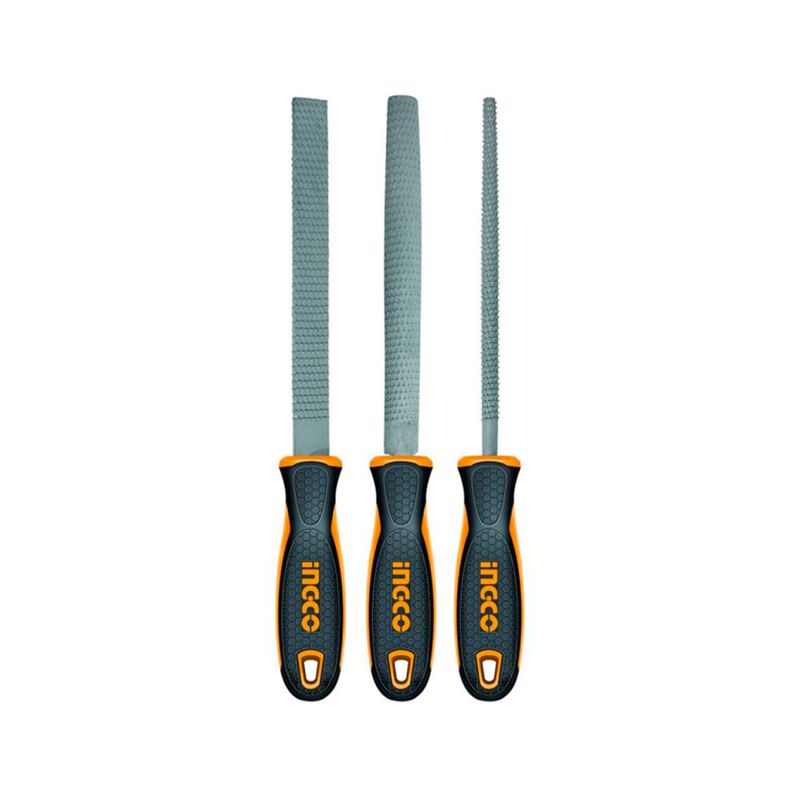 Juego limas para madera de 8 pulgadas 3 piezas Ingco, tres limas con mangos ergonómicos color naranja y negro