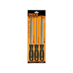 Juego de limas para madera de 8 pulgadas 3 piezas Ingco, presentedas en su empaque blíster con fondo naranja