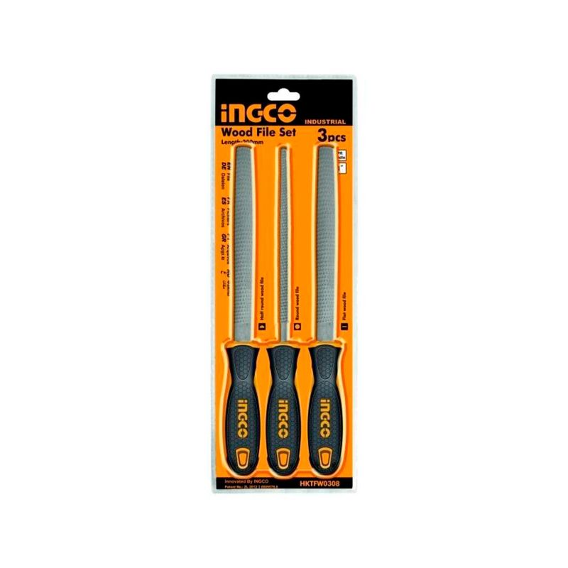 Juego de limas para madera de 8 pulgadas 3 piezas Ingco, presentedas en su empaque blíster con fondo naranja