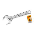Llave crecen ajustable de 12 pulgadas Ingco, vista lateral completa con etiqueta de marca colgando del mango