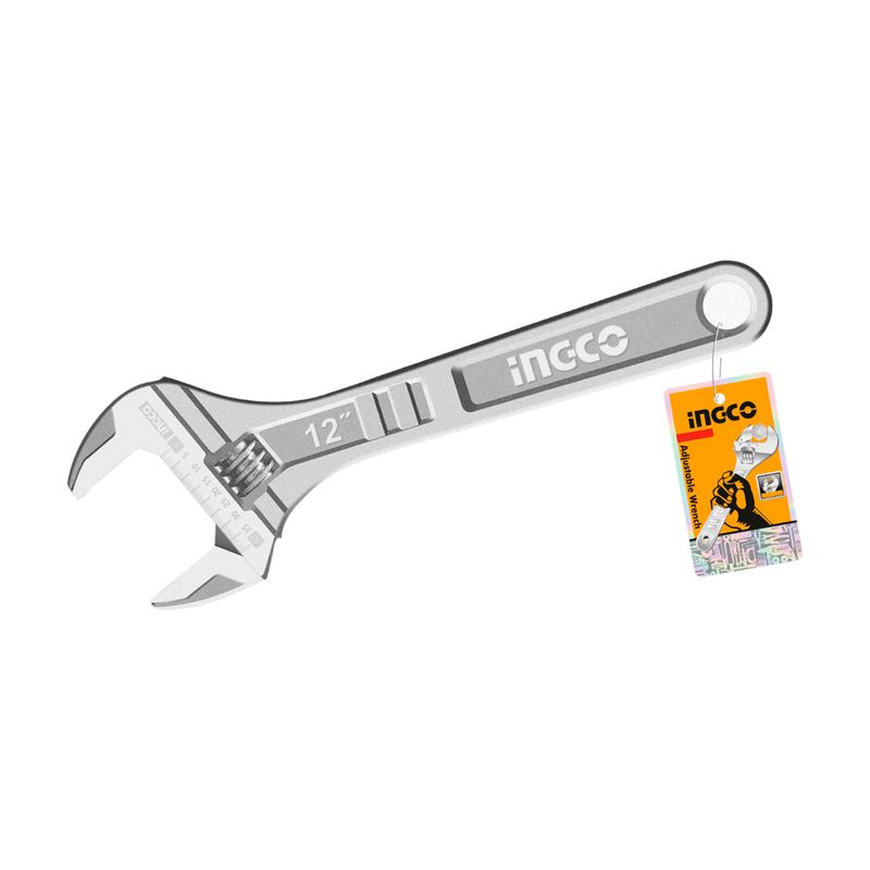 Llave crecen ajustable de 12 pulgadas Ingco, vista lateral completa con etiqueta de marca colgando del mango