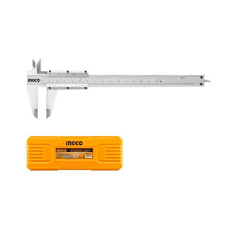 Pie de rey de acero Ingco de 8 pulgadas, herramienta extendida junto a su estuche protector color amarillo