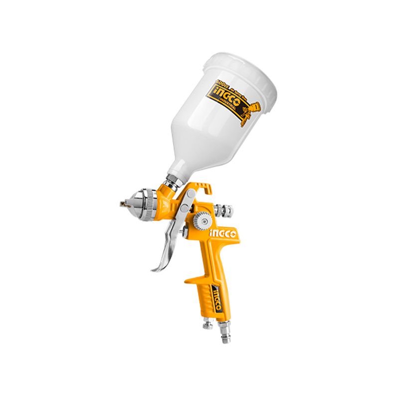 Pistola para pintar HVLP 29-50 PSI 600 ml Ingco, vista lateral completa en color amarillo y blanco